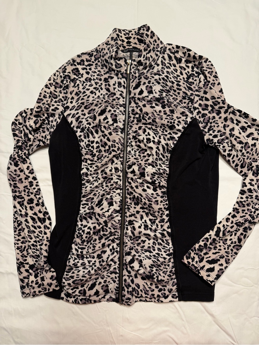 Ellen Tracy Pink Leopard-Print Zip-Front Jacket with Black Panels Large 1110